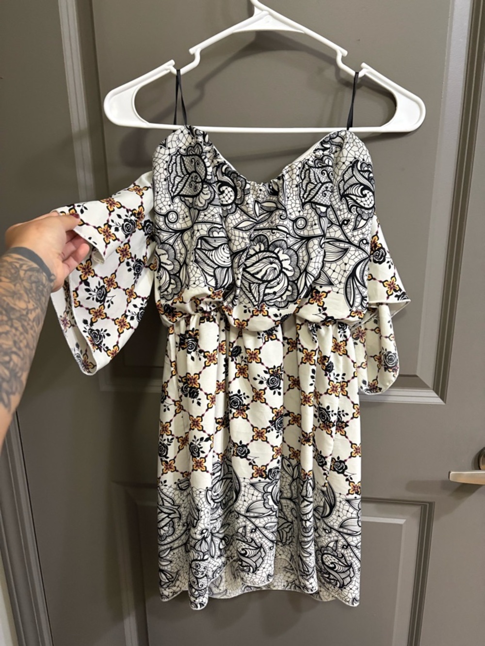 Love Culture Cream and Black Printed Off-Shoulder Mini Dress